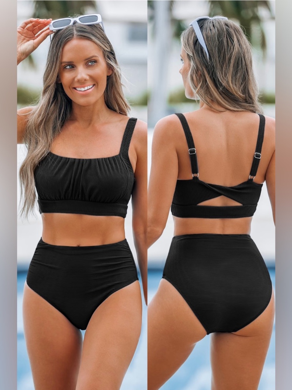 NWT Cupshe Black Square Neck Bikini Top & High-Waisted Bottoms Set